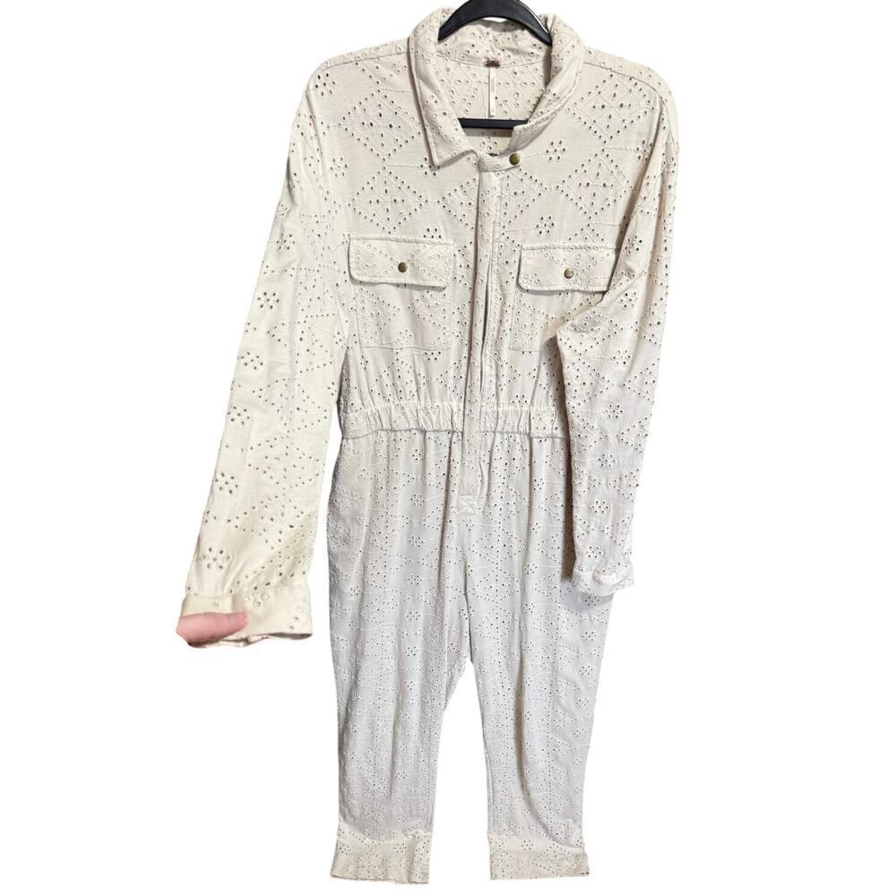 Free People Women’s Set The Tone Eyelet Jumpsuit Cream Size 12 NEW - Picture 4 of 12